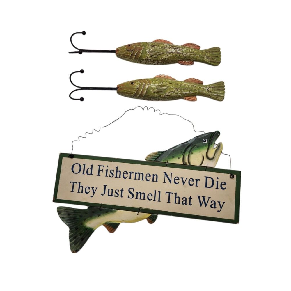 Fisherman Wall Decor Set Rustic Sign with Hooks Country Cottage